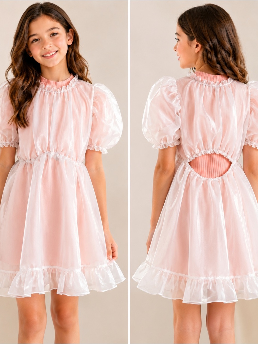 Girls' Pink Organza Puff Sleeve Dress